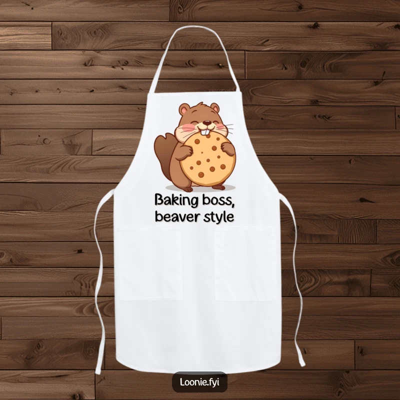 Funny apron with a beaver comically trying to chomp a giant maple cookie, a hilarious cooking companion for bakers.
