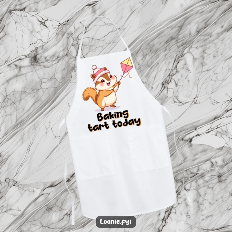 Funny Chipmunk Apron: A chipmunk flies a butter tart kite while baking, a humorous and practical kitchen accessory.