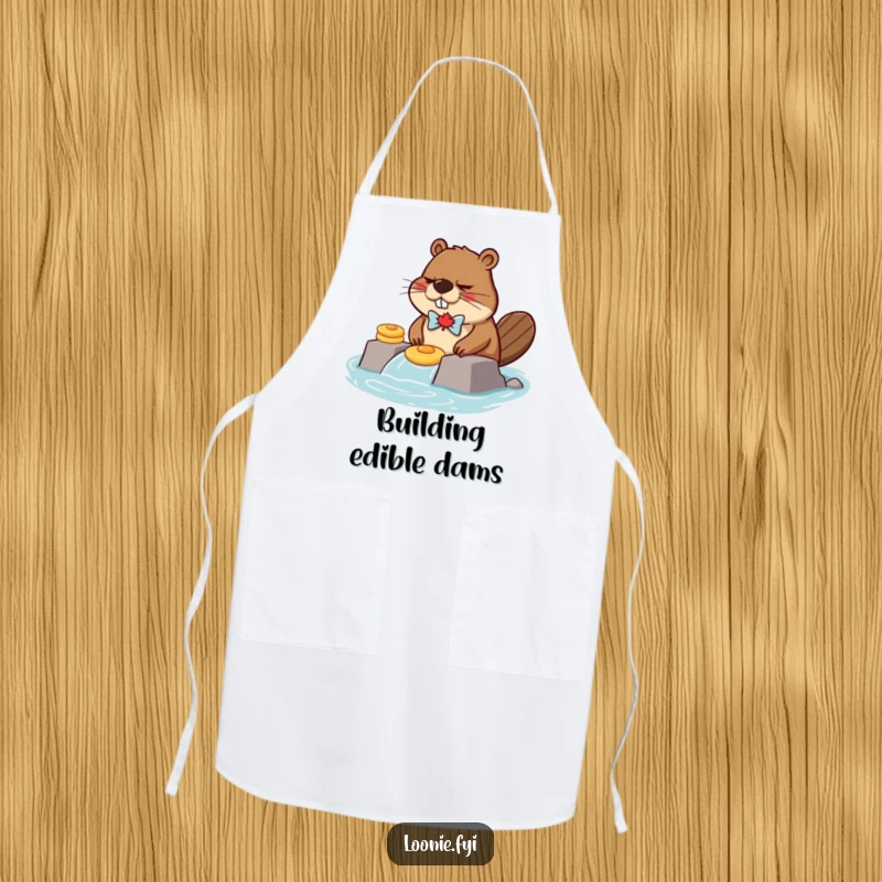 Funny grumpy beaver wearing a maple leaf bow tie, building a dam with pancakes, printed on a durable kitchen apron.