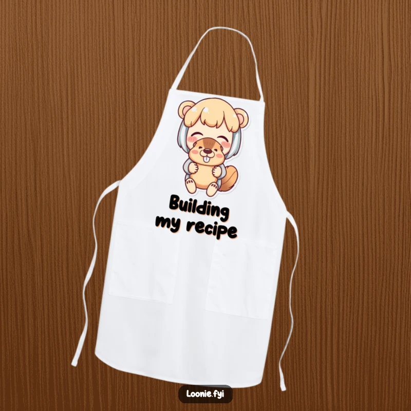 Funny apron with a delighted character holding a beaver puppet with fond amusement, perfect for kitchen fun.