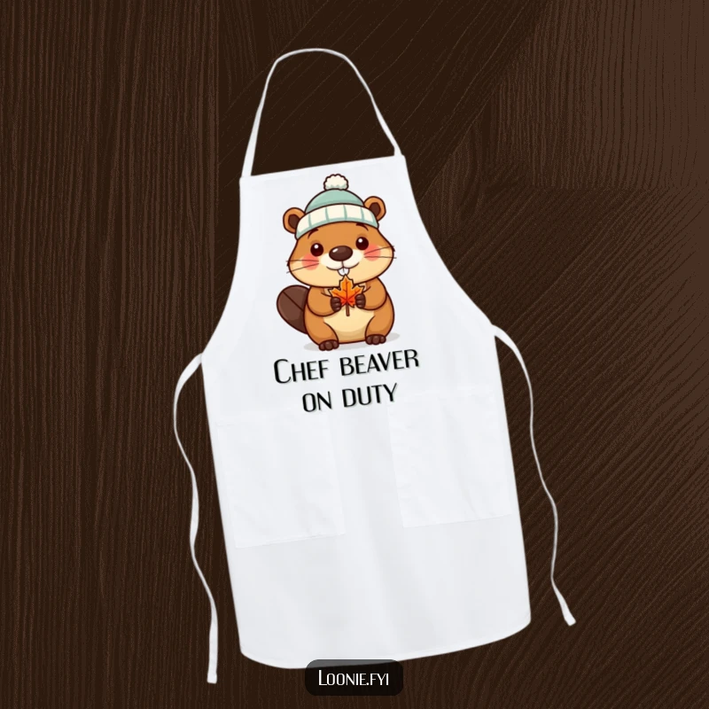 Funny Apron featuring a beaver wearing a tiny toque and holding a maple leaf, perfect for humorous Canadian cooking.