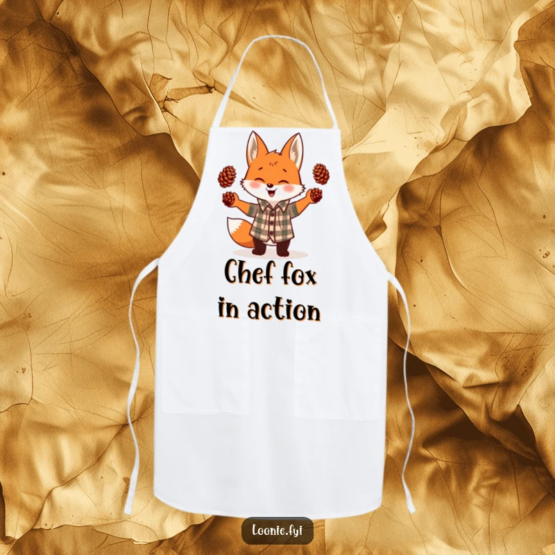 Funny apron illustrated with a giggling fox in a plaid shirt, enthusiastically juggling three pinecones, ideal for humorous cooking sessions.