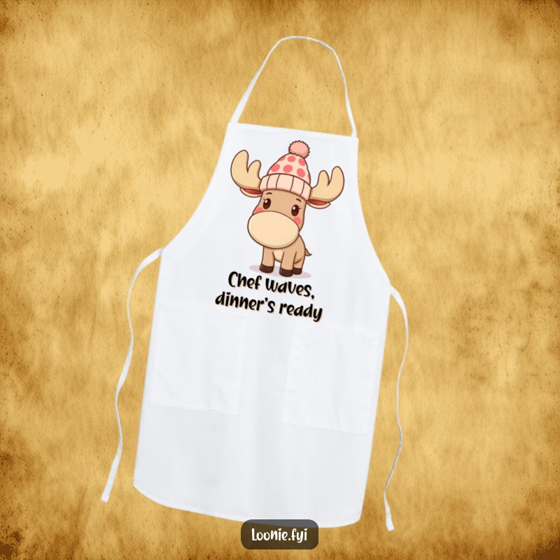 Funny apron showing a moose in a toque waving, ideal for kitchen use, adding humor and a friendly greeting with a charming design.