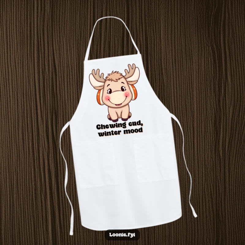 Funny Moose Apron: A chef's apron featuring a grinning moose in ear muffs, ideal for a funny gift in the kitchen.