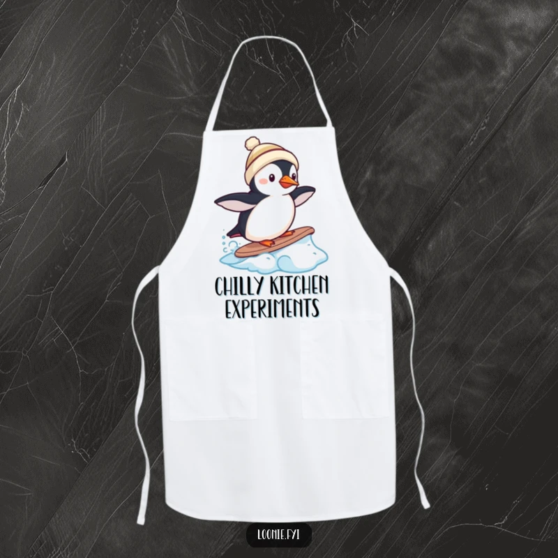 Funny apron with a puffin in a miniature toque trying to surf on a frozen wave, for cooking.