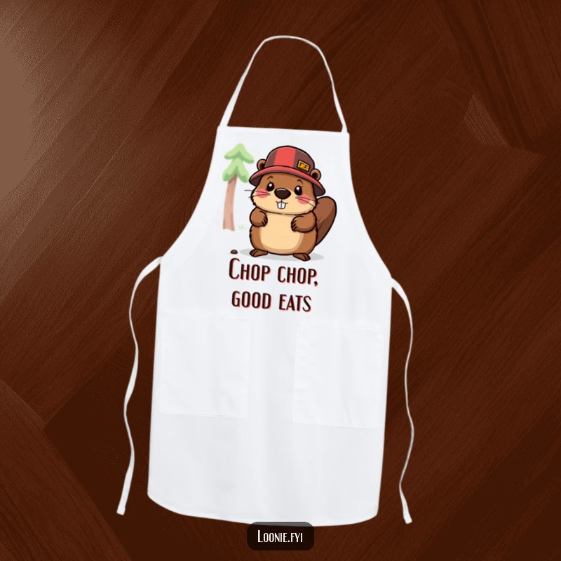 Funny apron showing a beaver lumberjack chopping wood, ideal for kitchen use, adding humor and protection with a hardworking, whimsical design.