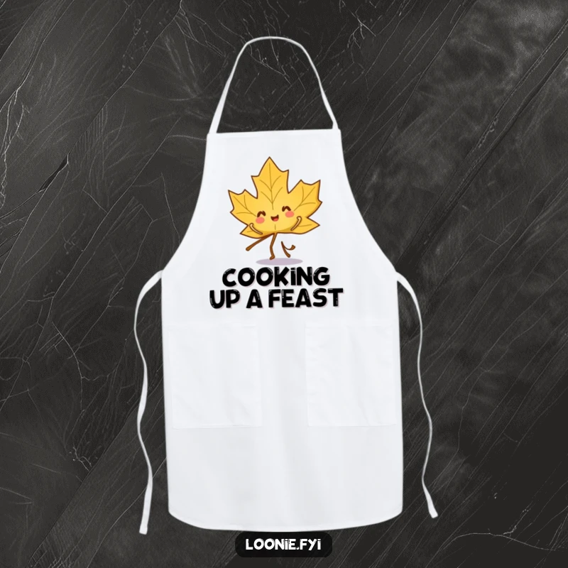 Funny kitchen apron featuring a playful maple leaf character dancing with enthusiasm while cooking.