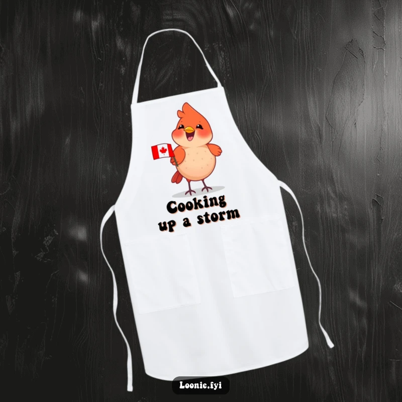 Funny Cardinal Apron: Delighted cardinal wearing a tiny Canadian flag, chirping happily, for culinary adventures.