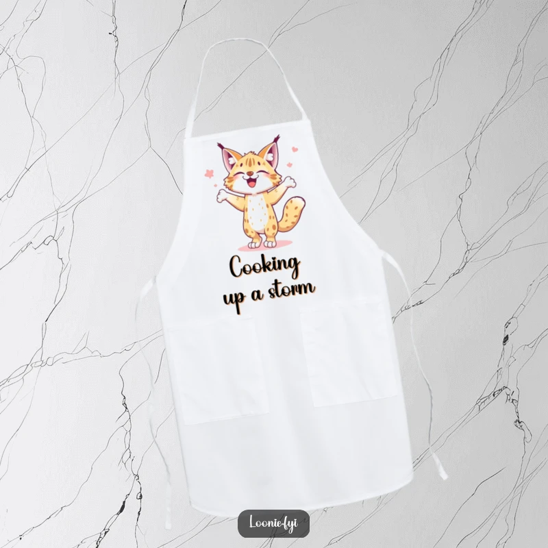 Funny apron showing a joyful lynx performing a happy jig, adding humorous feline energy to cooking tasks.