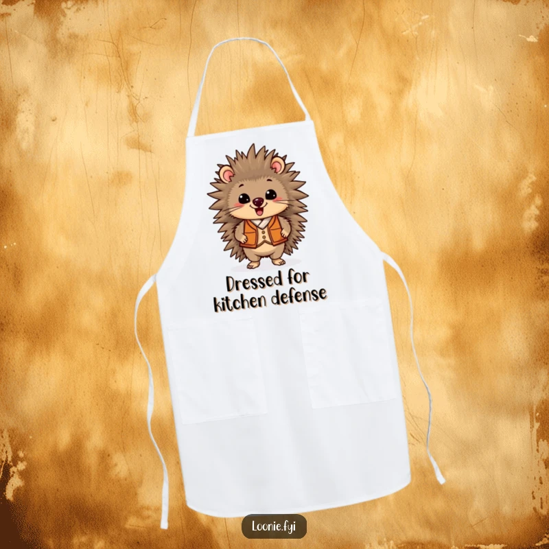 Funny apron with a delighted porcupine in a vest, standing proudly, making kitchen tasks more enjoyable with its humorous design.