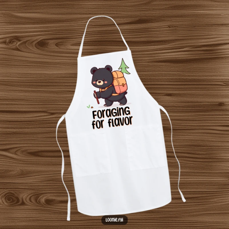 Funny apron depicting a content black bear wearing a backpack, ready for exploration, adding a humorous touch to kitchen activities.