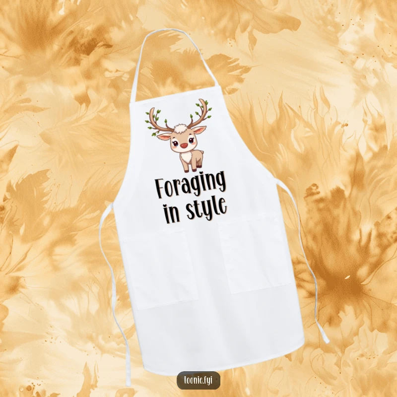Funny apron featuring a proud caribou with leafy antlers, perfect for nature-themed kitchen fun.