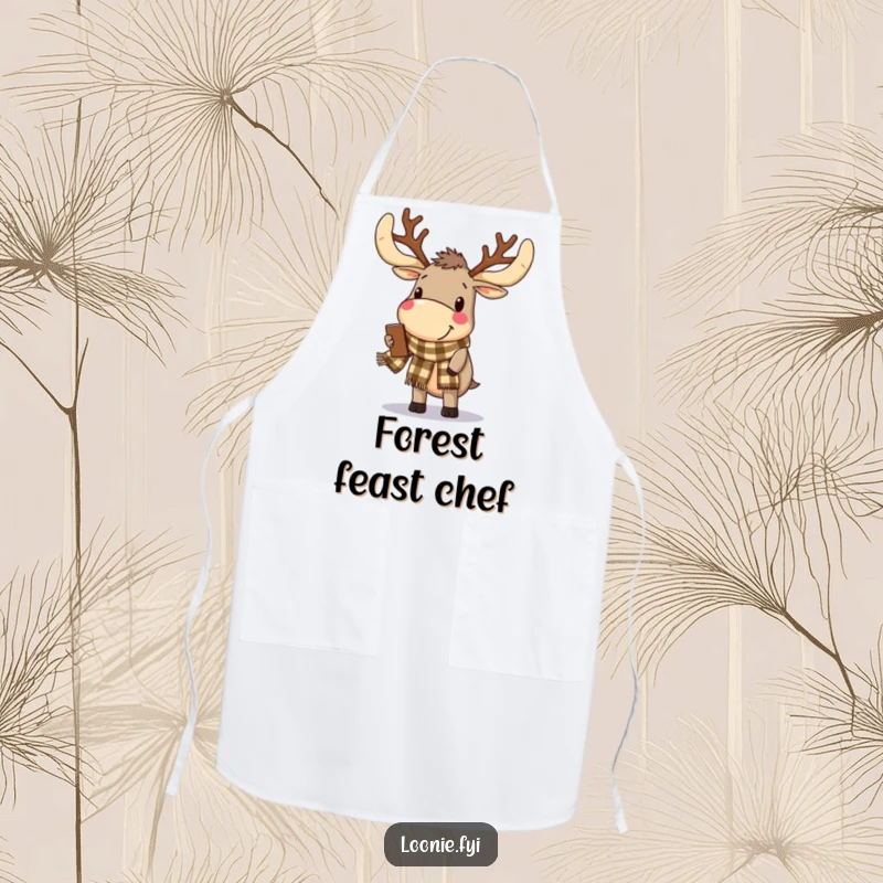 Funny Apron: A delighted moose with antlers, wearing a checkered scarf, is ready for kitchen browsing.