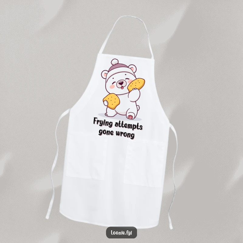 Funny apron with a polar bear in a toque hilariously failing to catch a flying poutine while cooking.