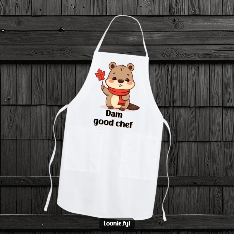 Funny Apron: A cute beaver in a red scarf waves a maple leaf, adding charm to kitchen tasks.