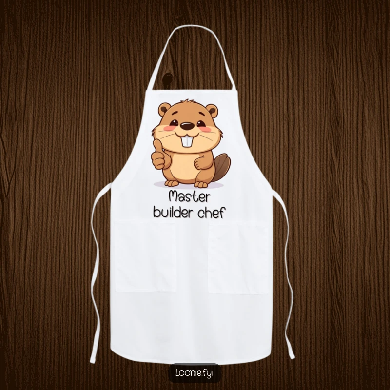 Funny apron showing a smiling beaver giving a thumbs up, adding humorous encouragement to kitchen tasks.