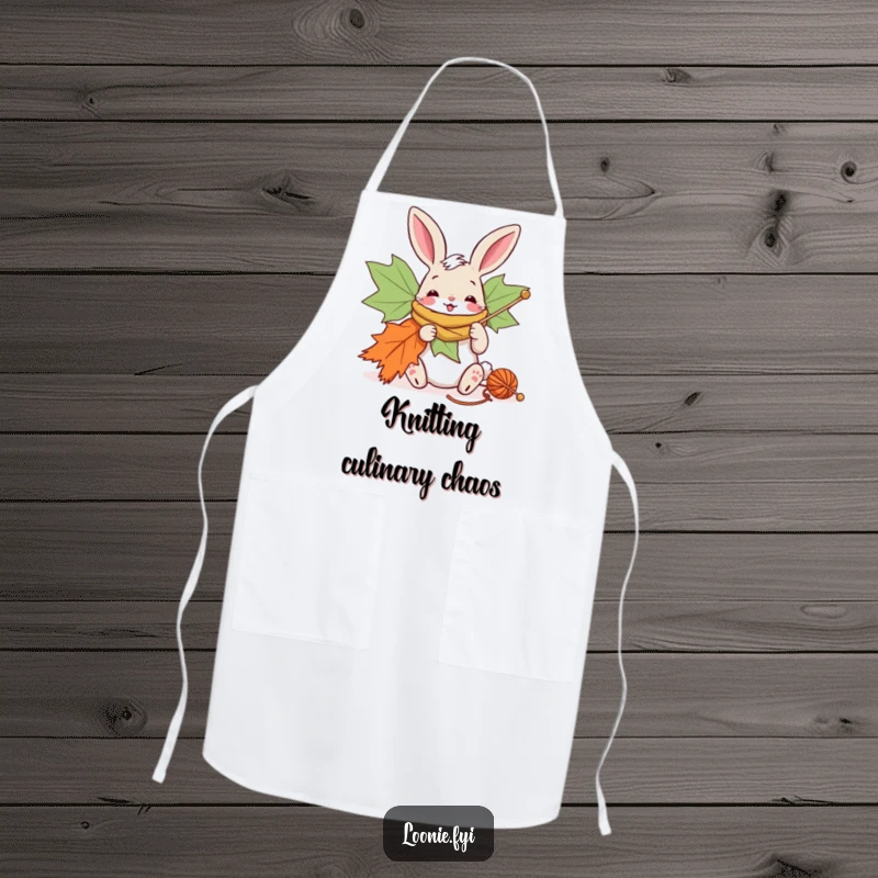 Funny apron with a bunny cheerfully knitting a giant maple leaf scarf with oversized needles, for crafters.