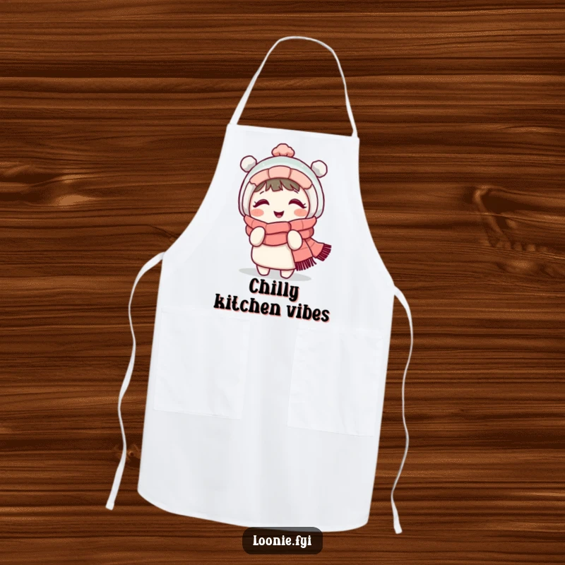 Funny kitchen apron showcasing a giggling character in a cozy scarf, playfully shivering, perfect for adding humor to cooking.