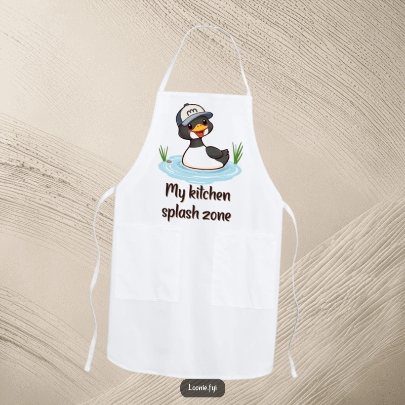 Funny apron illustrated with a playful loon wearing a baseball cap, diving into a small lake, ideal for humorous kitchen duties.