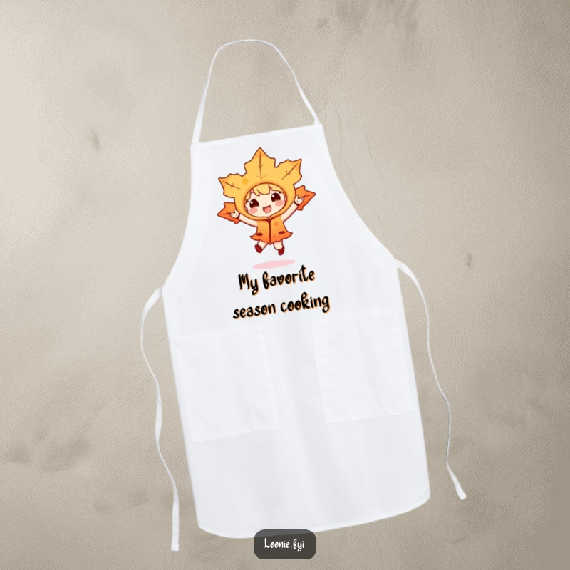 Funny kitchen apron featuring a maple leaf character in a costume performing a joyful hop, ideal for cooking with humor.