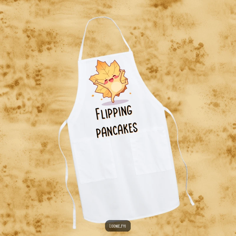Funny apron showing a happy maple leaf doing a cheerful somersault, adding playful autumn spirit to cooking.