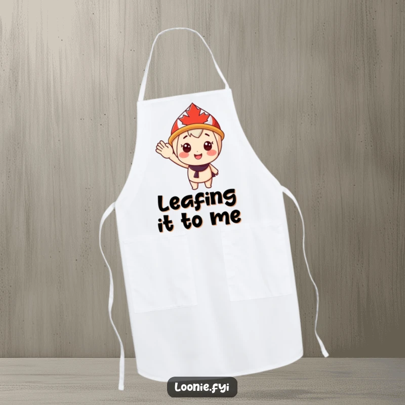 Funny Apron: Cheerful character in a maple leaf hat gives a happy wave, adding a festive and welcoming touch to kitchen tasks. Excellent funny gift.