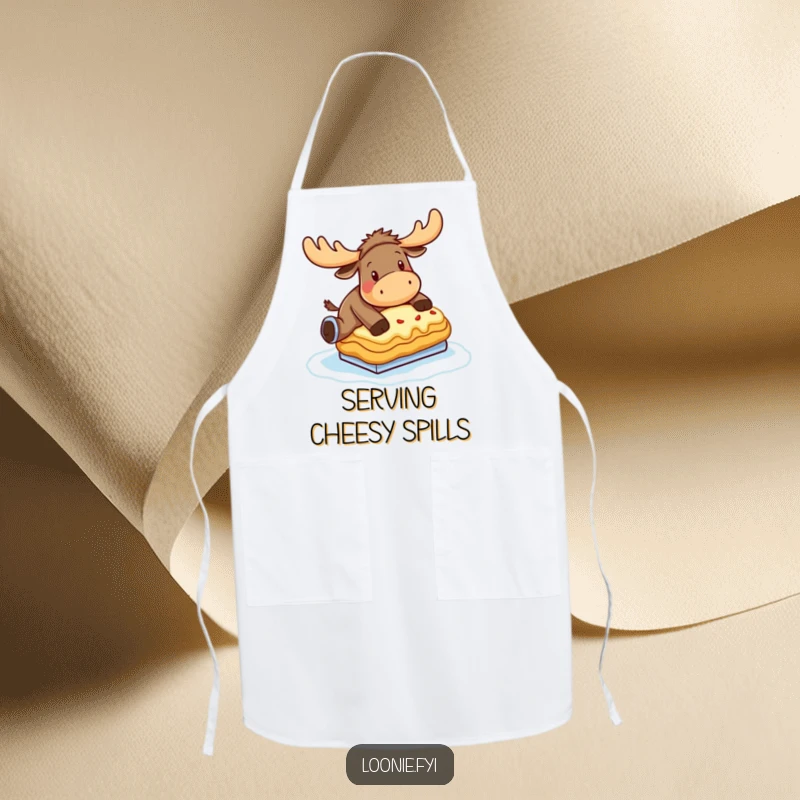 Funny Moose Apron: A moose comically attempts ice skating on a frozen poutine while cooking, a hilarious kitchen accessory.