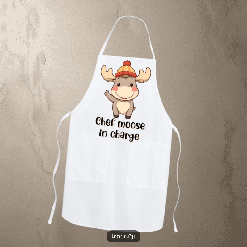 Funny Moose Apron: Cheerful moose in a toque, smiling and waving, for fun kitchen activities and cooking.