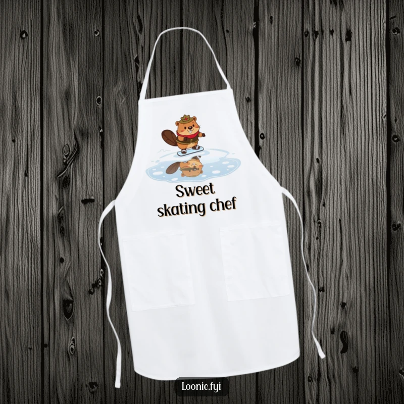Funny Mountie Beaver Apron showing a beaver in a Mountie outfit comically skating on maple syrup, designed for kitchen use with humor.