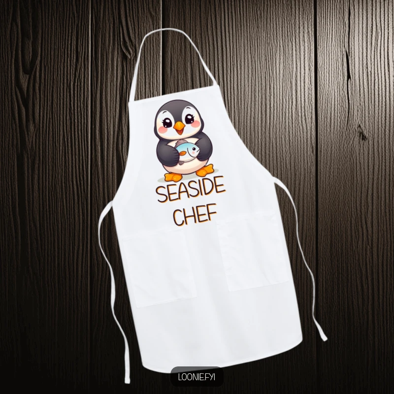 Funny Puffin Apron: A cheerful puffin wearing a chef hat and holding a fish, ready to add humor to meal preparation.
