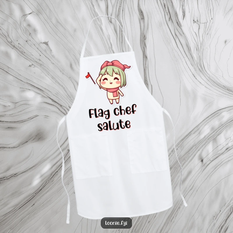 Funny kitchen apron with a happy character saluting with a small flag, perfect for adding patriotic flair to cooking.