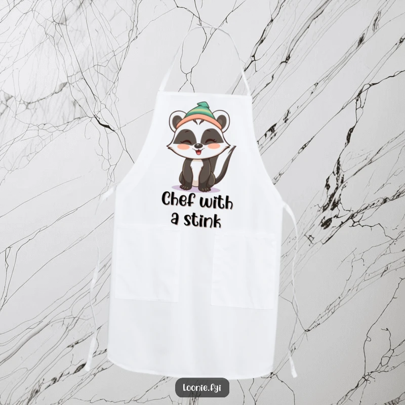 Funny Apron: A playful skunk wearing a toque winks cheekily, ready to add fun and protection to any kitchen task.