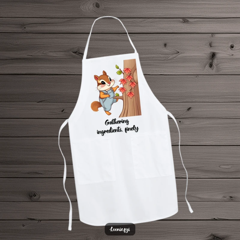 Funny apron with a curious chipmunk wearing overalls, climbing a tiny maple tree, perfect for culinary exploration with a humorous design.