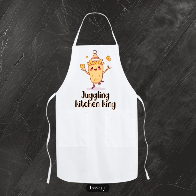 Funny Poutine Apron showing a dancing poutine creature juggling cheese curds, designed for kitchen use with a food-themed humorous twist.