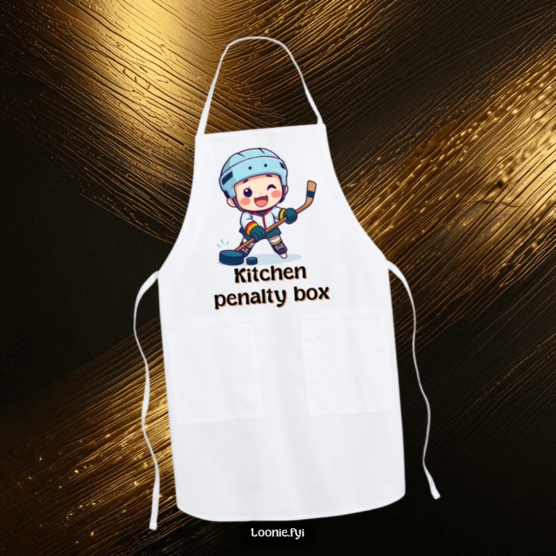 Funny apron with a jubilant character playing hockey with a puck, ideal for kitchen fun and gifts.
