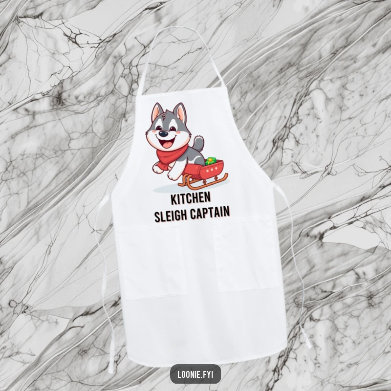 Funny Husky Apron: Giggling husky pulling a miniature sleigh with a wide grin, for kitchen use.