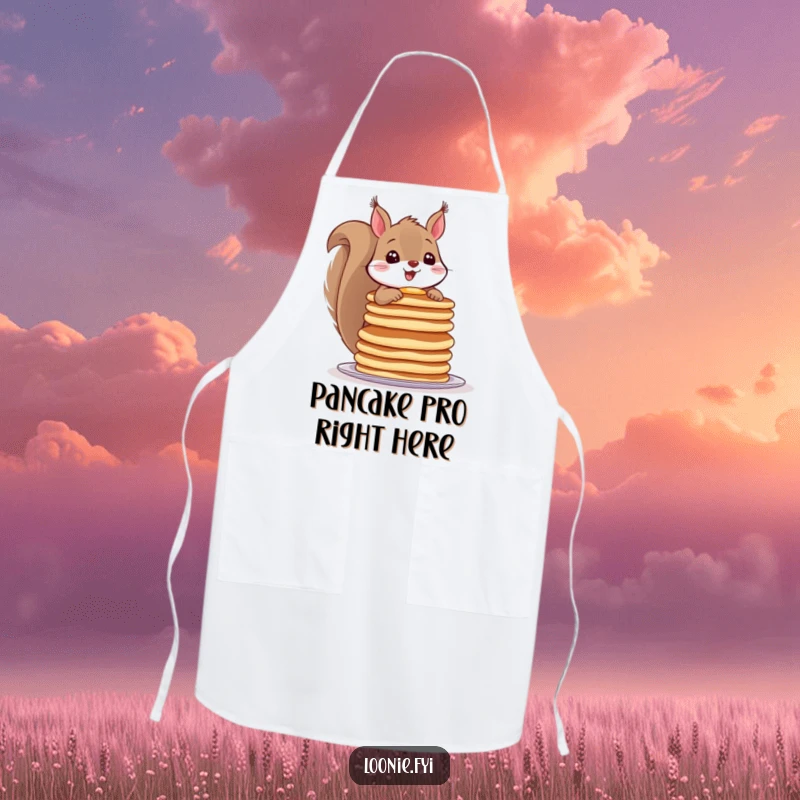 Funny apron with a cheerful squirrel balancing a tall stack of pancakes, ideal for humorous breakfast cooking.