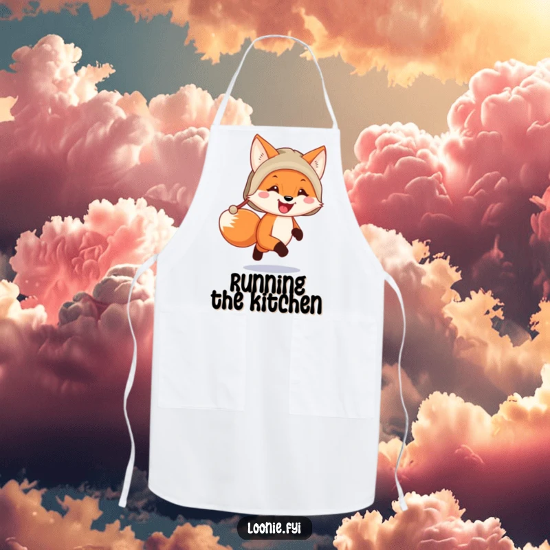 Funny happy fox wearing a trapper hat running, featured on a fun kitchen apron for cooking enthusiasts.
