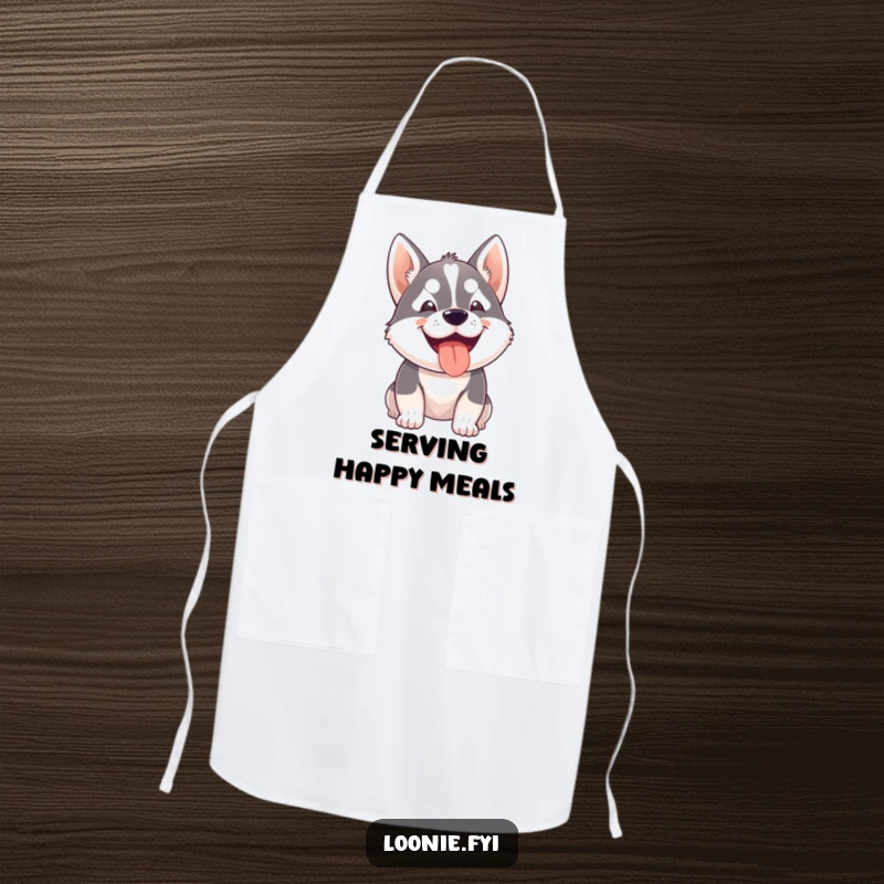 Funny apron featuring a small husky dog eagerly panting with a wide, happy grin, perfect for humorous baking.