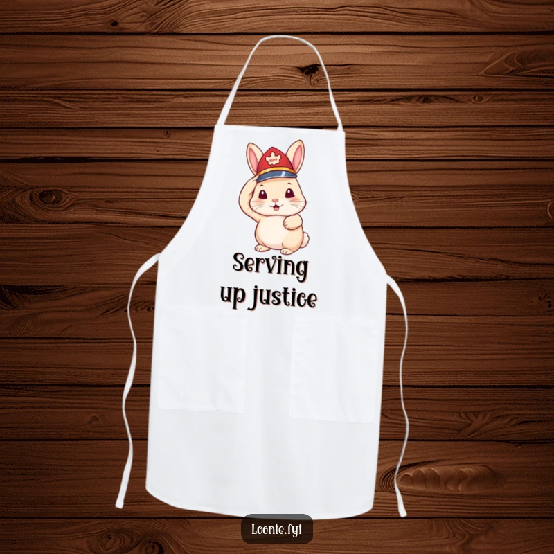 Funny apron with a rabbit wearing a tiny RCMP hat and saluting, ideal for humorous kitchen duty.