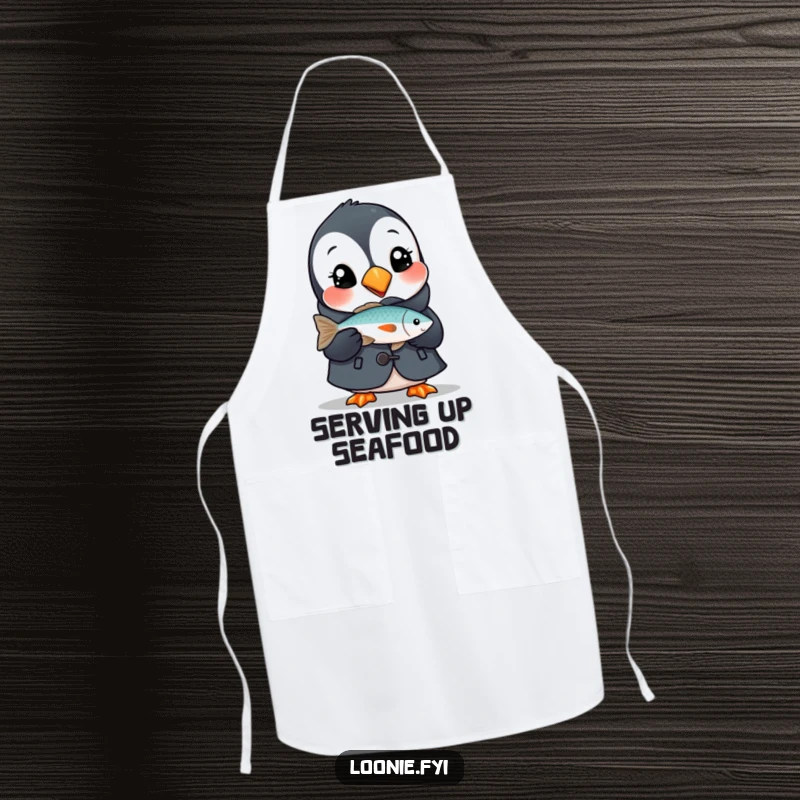 Funny apron depicting a delighted puffin in a tiny coat, holding a fish, adding a humorous and charming touch to kitchen activities.