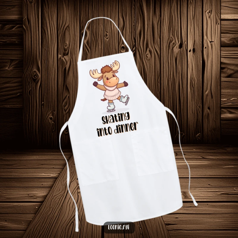 Funny Apron: A giddy moose wearing skates twirls joyfully, ready to add fun and protection to any kitchen task.