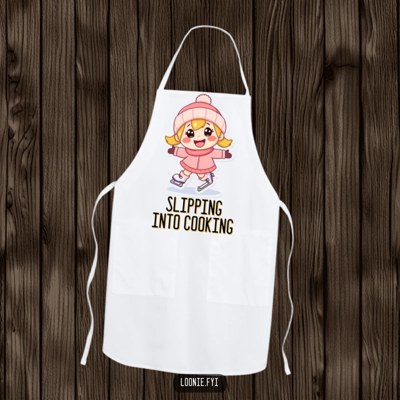 Funny apron with a happy character ice skating with a determined grin, perfect for kitchen fun and gifts.