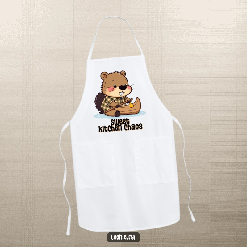 Funny apron showing a beaver in a plaid shirt, attempting to build a canoe out of maple syrup.