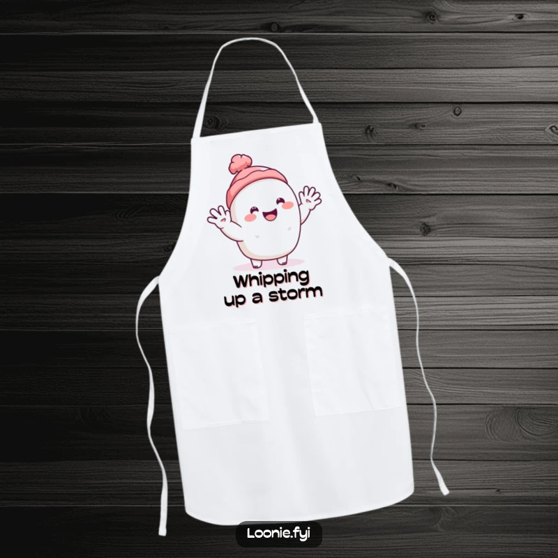 Funny kitchen apron featuring a happy toque character cheerfully waving while preparing food.