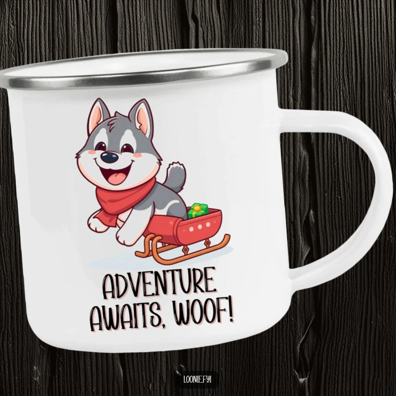 Funny Husky Camping Mug: Giggling husky pulling a miniature sleigh with a wide grin, for outdoor use.