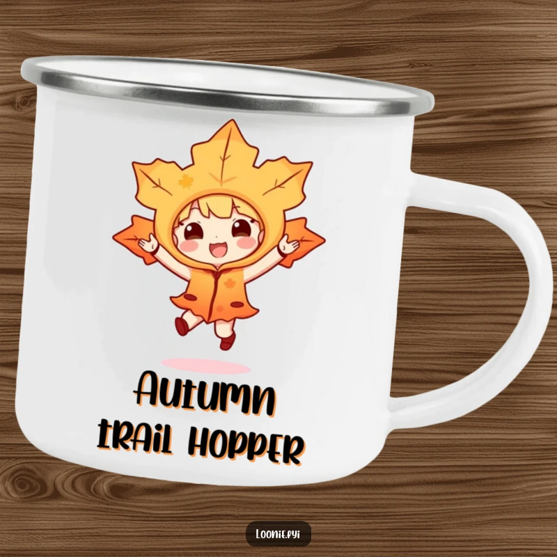 Funny camping mug with a maple leaf character in a costume doing a happy hop, perfect for outdoor fun and humor.