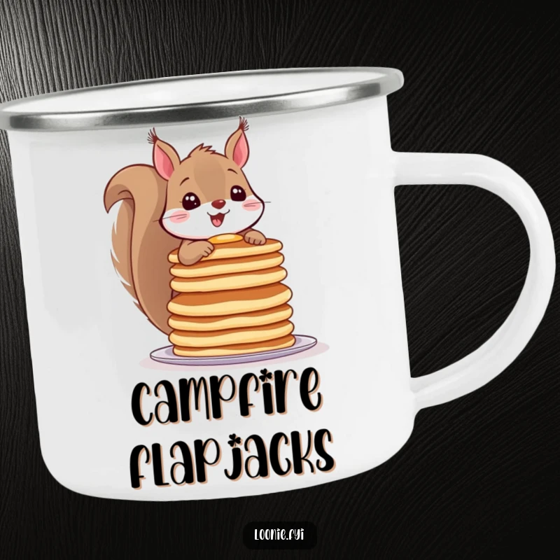 Funny camping mug with a cheerful squirrel balancing a stack of pancakes, perfect for humorous outdoor dining.