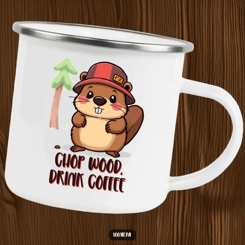 Funny camping mug with a beaver lumberjack chopping wood, perfect for outdoor use, adding a humorous and hardworking vibe to your beverage.