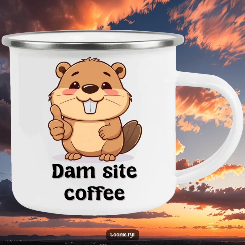 Funny camping mug featuring a smiling beaver giving a thumbs up, perfect for enjoying drinks outdoors.